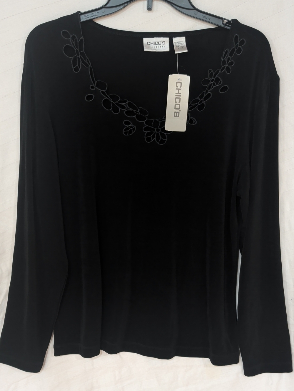 Chico's Top Black Embroidered Long Sleeve Top Size 3 NWT